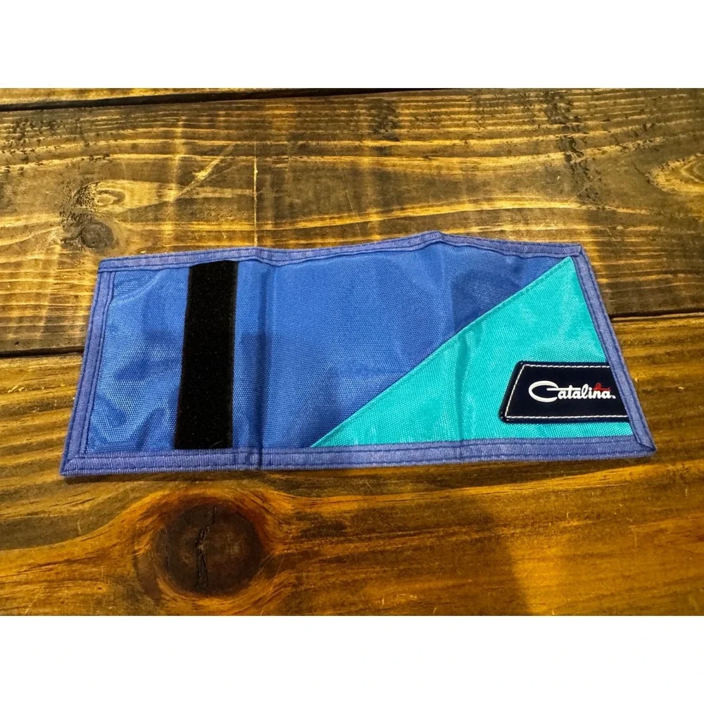 Vintage Catalina Mens Trifold Wallet Blue Teal Nylon Velcro 1990s Retro Striped